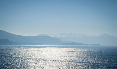 Scenic view of sea and mountains against clear sky