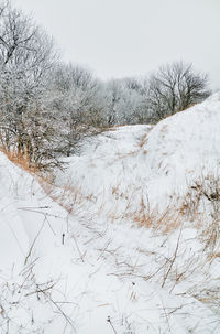 Snow covered landscape against clear sky