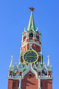 Low angle view of traditional building against clear blue sky