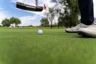 Low section of person with ball on grass