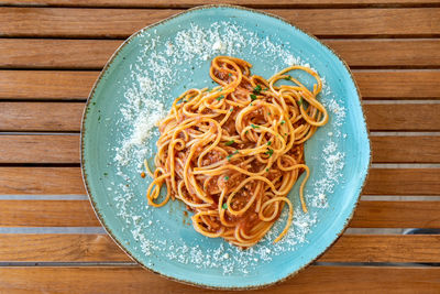 Directly above shot of noodles in plate on table