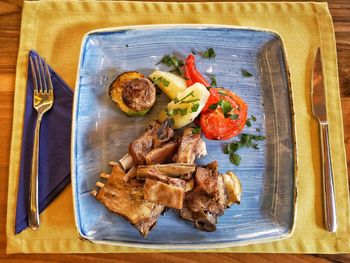 High angle view of breakfast served on table