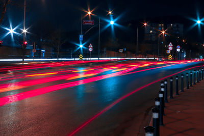 Light trails on road at night