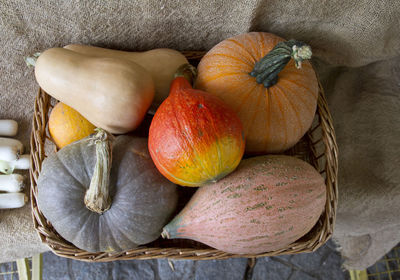 High angle view of pumpkins on table