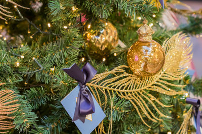 Christmas and new year holidays background. christmas tree  with gold ball and sparkling feather. 