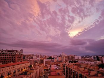 High angle view of buildings against cloudy sky