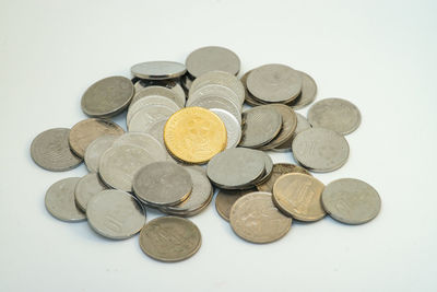 High angle view of coins