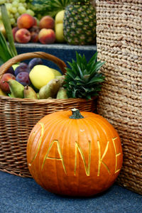 Close-up of pumpkins in basket