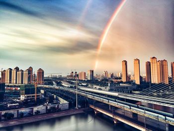 Panoramic view of rainbow over city