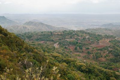 Aerial view of valley and mountains against sky in kerio valley, baringo county, kenya