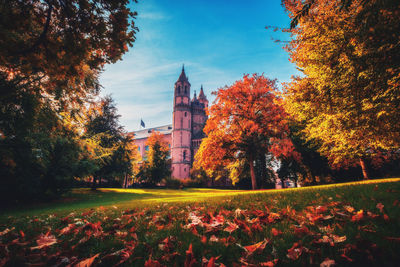 Trees and buildings against sky during autumn