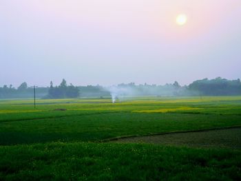 Scenic view of field against sky during foggy weather