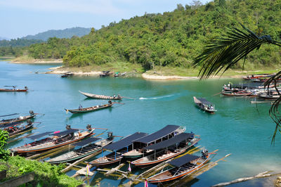 High angle view of boats moored in sea