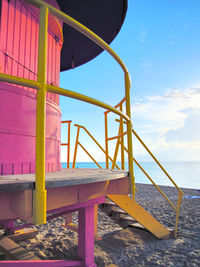 Lifeguard hut at sandy beach against sky