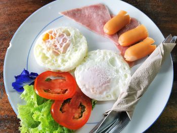 High angle view of breakfast served on table