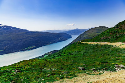 Scenic view on beautiful fjord and norwegian mountains against clear blue sky