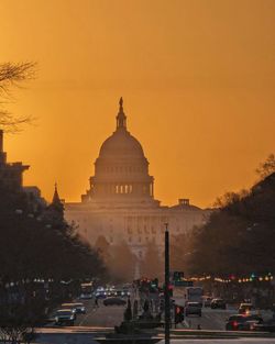 Low angle view of temple against sky during sunset