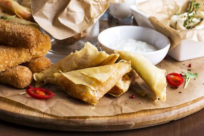 High angle view of food in plate on table