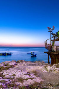 Scenic view of sea against clear blue sky