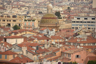 High angle view of buildings in city