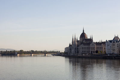 Hungarian parliament buildings by river against sky in budapest