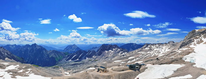 Panoramic view of snowcapped mountains against blue sky