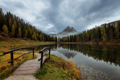 Scenic view of lake by trees against sky