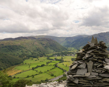 Scenic view of landscape and mountains against sky