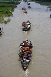 High angle view of boats in sea