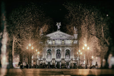 Illuminated church at night