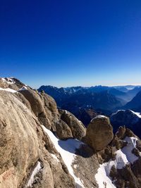 Scenic view of mountains against clear blue sky