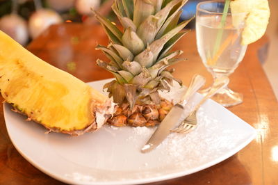 Close-up of drink served on table