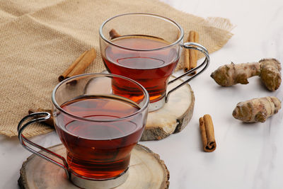 High angle view of tea in glass on table