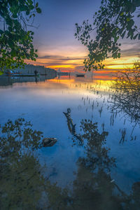 Scenic view of lake against sky at sunset