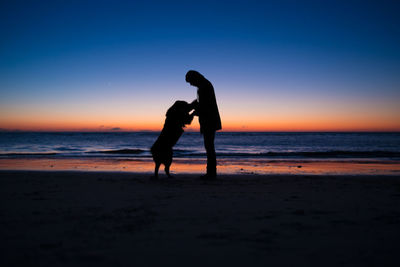 Silhouette man with dog at beach against sky during sunset