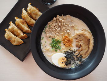 High angle view of food served on table
