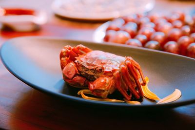 High angle view of meat in bowl on table