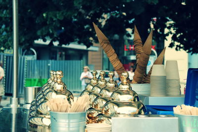 Close-up of containers at concession stand