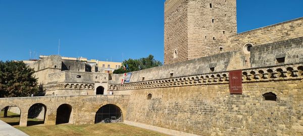 Low angle view of old building against clear blue sky