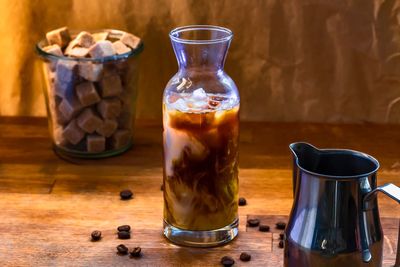 Close-up of drink in jar on table