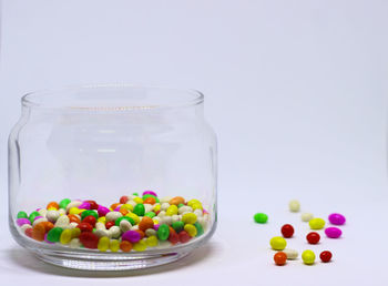 Close-up of multi colored candies against white background