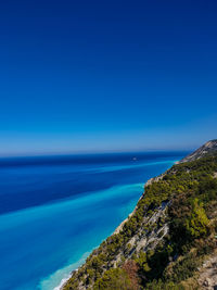 Scenic view of sea against clear blue sky