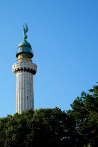 Low angle view of lighthouse by tree against clear blue sky