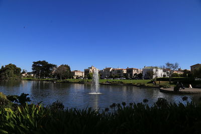 Scenic view of calm river against clear blue sky