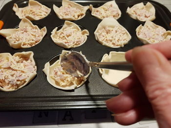 High angle view of person preparing food