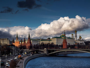 Bridge over river with city in background