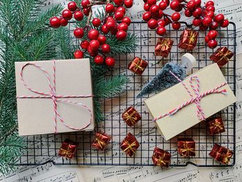 High angle view of christmas decorations on table