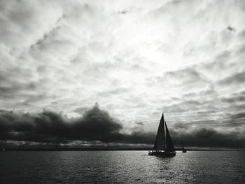 Sailboat sailing on sea against sky