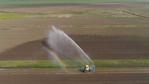 Aerial view of crop irrigation using the center pivot sprinkler system. 