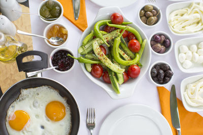 High angle view of breakfast served on table